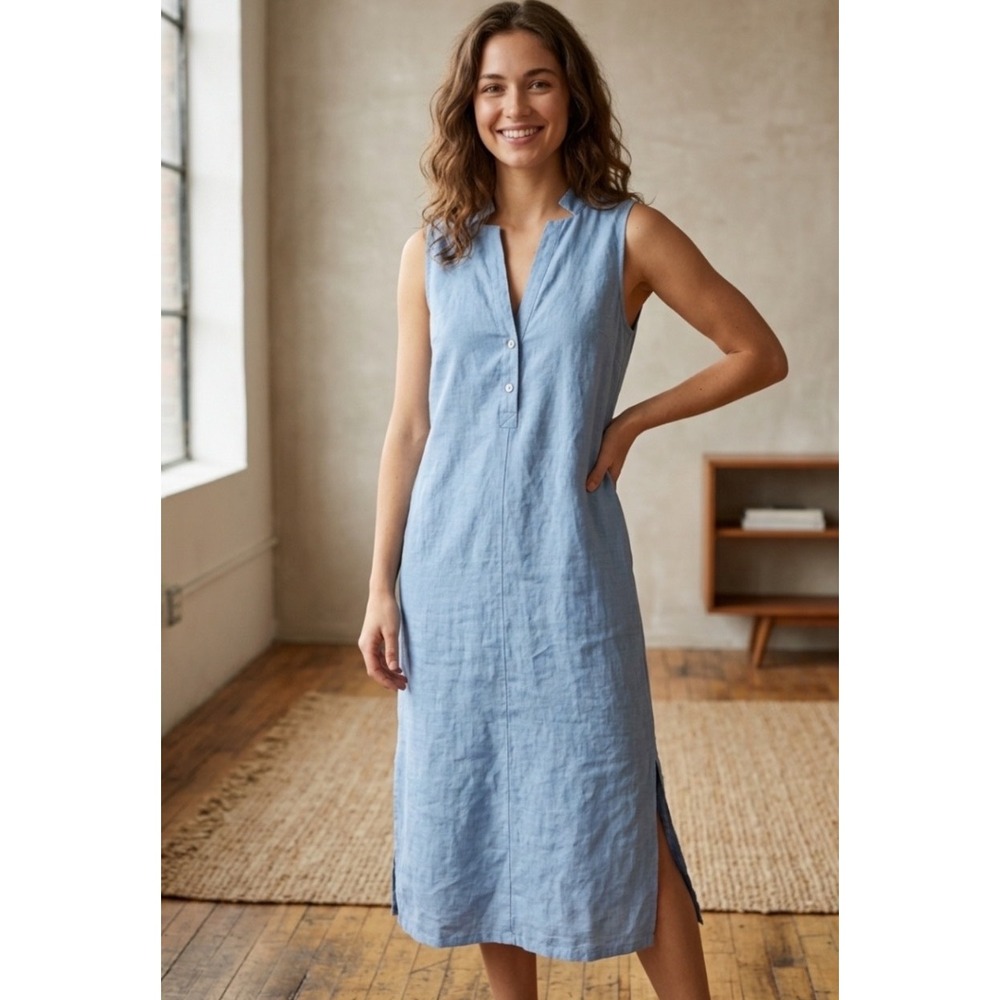 LINTICO Blue Linen Sleeveless Midi Dress Notched V-Neck Button Shift Size S